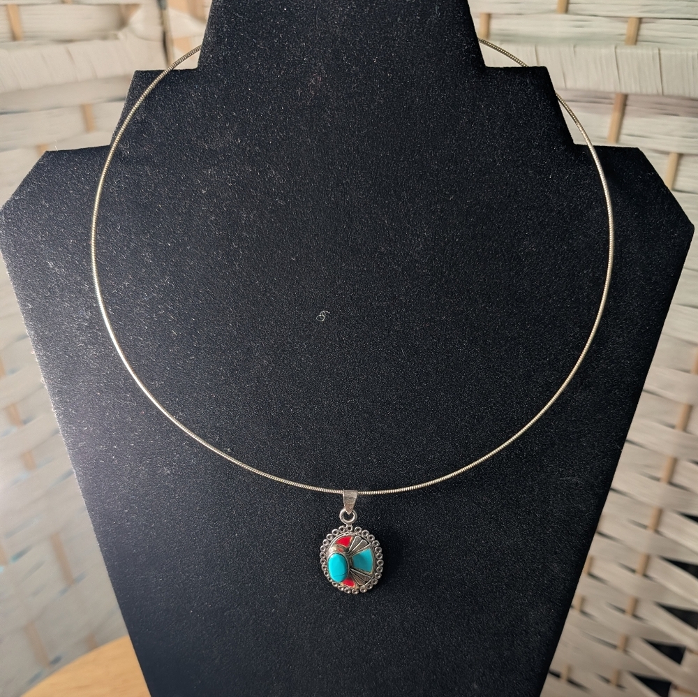 Turquoise & Coral Colored Pendant Wire Necklace